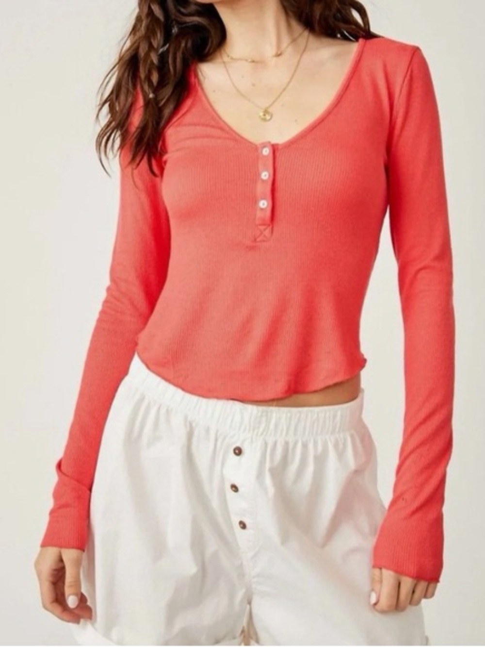 Free People keep it basic Coral Ribbed Henley Crop Long Sleeve